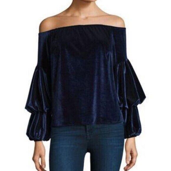 NWOT PETERSYN Lily Velvet Off-The-Shoulder Top Long Sleeve in Midnight Blue - Picture 2 of 10